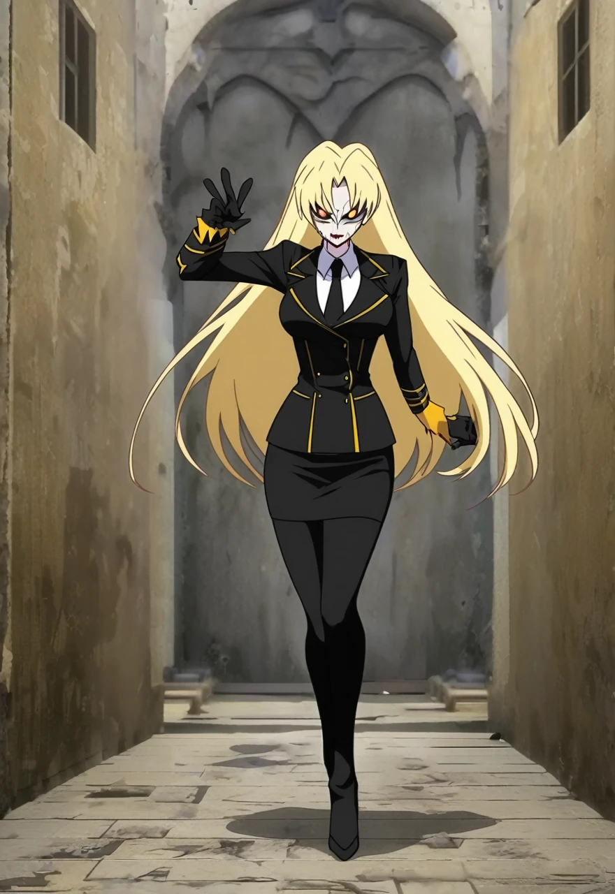 Make a evil military blonde anime woman in a dark skirt suit