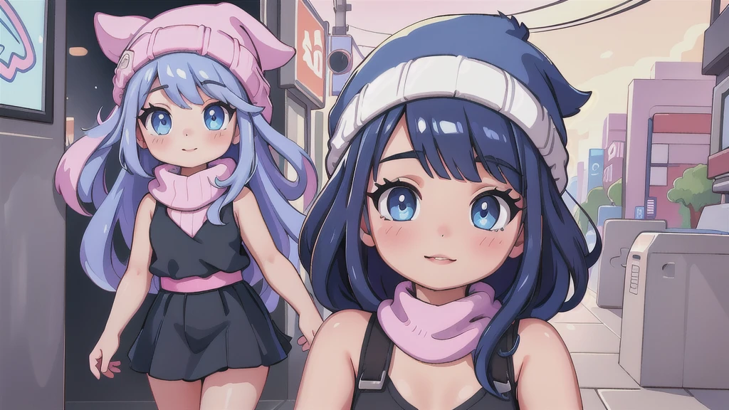 (best quality,4k,8k,highres,masterpiece:1.2),ultra-detailed,(realistic,photorealistic,photo-realistic:1.37)highres,portrait,beautiful girl,taking a selfie in a public bathroom mirror,glossy reflection,\(pokemon\), beanie, long hair, blue hair, blue eyes, detailed eyes, beautiful eyes, black sleeveless shirt, pink scarf, pink skirt, pink boots, body shape, chubby thighs, down blouse,[metallic mirror],vibrant colors,soft lighting,hint of mystery,subtle smile,stylish outfit,impressive attention to facial details,expressive eyes,luscious lips,long eyelashes,shiny hair flowing down,urban backdrop,modern ambiance