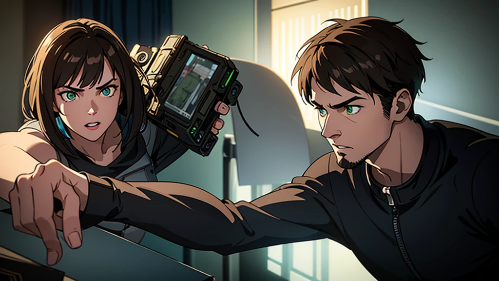 A 24-year-old man with a youthful appearance, thin physique, green eyes, short light brown hair with bangs, sparse facial hair, playing video games, cinematic lighting, highly detailed, 8k, photorealistic, hyper-realistic, volumetric lighting, dramatic shadows, vibrant colors, intricate details, dynamic pose, immersive atmosphere, lush environment, ambient occlusion, depth of field, ray tracing, unreal engine, digital art, concept art, hyperrealism, award-winning