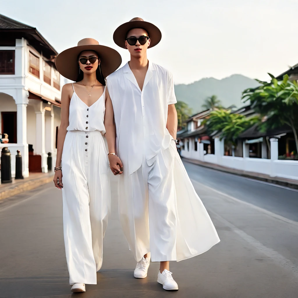 candid fashion photography of young man and woman, both aged 20 year old, ((showcase fashion look book in a White rayon outfits)), inspired by Zara's resort collection 2020 in elegant young bohemian style. The man wears an oversized short-sleeved bowling white shirt with a pocket details, paired with relaxed-fit white Sports Wide Leg Baggy short and Drawstring, He completes his look with white sneakers, sunglasses and bracelet. The woman complements him in a white Ankle-length dress in a rayon with delicate lace insets, V-shaped neckline, covered buttons down the front and an open section, (sleeveless with spaghetti shoulder straps), Gathered waist, lace hem, Her ensemble includes an accessorizes with a wide-brimmed straw hat, white sneakers and necklace. Captured in a low angle, ((full-body image)), The photograph is taken with a Canon EOS R camera using an 85mm f/1.8 lens at an f/2.2 aperture, utilizing natural light. Employing three-point lighting and incorporating 3D animation shadows enhances his features and adds depth to the composition. The careful layering and arrangement of his body parts and surrounding objects ensure a flawless composition. This masterpiece celebrates the beauty of the male form and invites viewers to immerse themselves in a world of sophistication and charm. The seductive lighting and intricate details, combined with a dramatic composition, invite viewers to revel in the essence of a fun-filled day, brimming with joy and relaxation. Attention is meticulously paid to the layers and arrangement of his body parts and surrounding objects, ensuring correct body structure and photo distance. The romantic atmosphere, paired with a lively and extremely gorgeous Chiangmai old town background, enhances the overall allure of this exquisite image, Chiang Mai Thailand