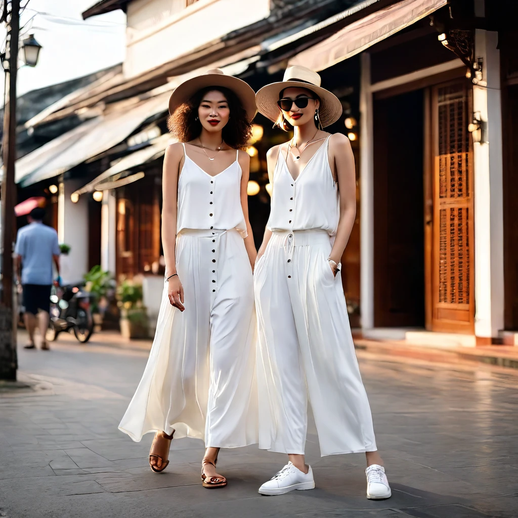 candid fashion photography of young man and woman, both aged 20 year old, ((showcase fashion look book in a White rayon outfits)), inspired by Zara's resort collection 2020 in elegant young bohemian style. The man wears an oversized short-sleeved bowling white shirt with a pocket details, paired with relaxed-fit white Sports Wide Leg Baggy short and Drawstring, He completes his look with white sneakers, sunglasses and bracelet. The woman complements him in a white Ankle-length dress in a rayon with delicate lace insets, V-shaped neckline, covered buttons down the front and an open section, (sleeveless with spaghetti shoulder straps), Gathered waist, lace hem, Her ensemble includes an accessorizes with a wide-brimmed straw hat, white sneakers and necklace. Captured in a low angle, ((full-body image)), The photograph is taken with a Canon EOS R camera using an 85mm f/1.8 lens at an f/2.2 aperture, utilizing natural light. Employing three-point lighting and incorporating 3D animation shadows enhances his features and adds depth to the composition. The careful layering and arrangement of his body parts and surrounding objects ensure a flawless composition. This masterpiece celebrates the beauty of the male form and invites viewers to immerse themselves in a world of sophistication and charm. The seductive lighting and intricate details, combined with a dramatic composition, invite viewers to revel in the essence of a fun-filled day, brimming with joy and relaxation. Attention is meticulously paid to the layers and arrangement of his body parts and surrounding objects, ensuring correct body structure and photo distance. The romantic atmosphere, paired with a lively and extremely gorgeous Chiangmai old town background, enhances the overall allure of this exquisite image, Chiang Mai Thailand