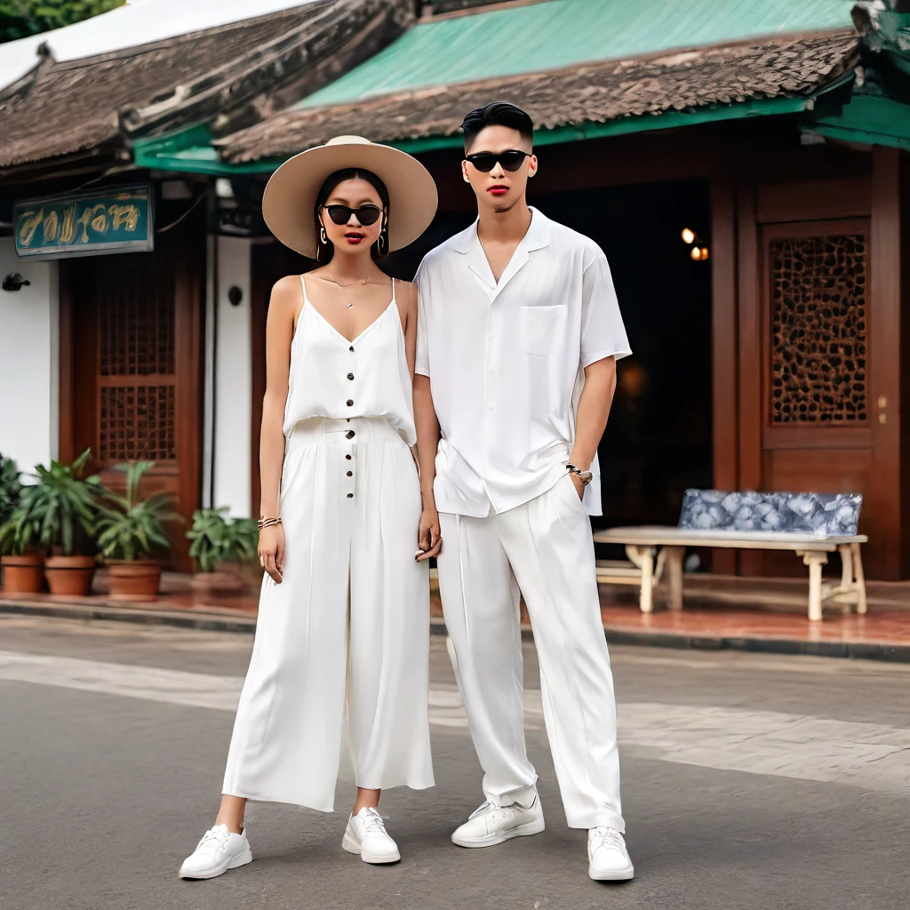 candid fashion photography of young man and woman, both aged 20 year old, ((showcase fashion look book in a White rayon outfits)), inspired by Zara's resort collection 2020 in elegant young bohemian style. The man wears an oversized short-sleeved bowling white shirt with a pocket details, paired with relaxed-fit white Sports Wide Leg Baggy short and Drawstring, He completes his look with white sneakers, sunglasses and bracelet. The woman complements him in a white Ankle-length dress in a rayon with delicate lace insets, V-shaped neckline, covered buttons down the front and an open section, (sleeveless with spaghetti shoulder straps), Gathered waist, lace hem, Her ensemble includes an accessorizes with a wide-brimmed straw hat, white sneakers and necklace. Captured in a low angle, ((full-body image)), The photograph is taken with a Canon EOS R camera using an 85mm f/1.8 lens at an f/2.2 aperture, utilizing natural light. Employing three-point lighting and incorporating 3D animation shadows enhances his features and adds depth to the composition. The careful layering and arrangement of his body parts and surrounding objects ensure a flawless composition. This masterpiece celebrates the beauty of the male form and invites viewers to immerse themselves in a world of sophistication and charm. The seductive lighting and intricate details, combined with a dramatic composition, invite viewers to revel in the essence of a fun-filled day, brimming with joy and relaxation. Attention is meticulously paid to the layers and arrangement of his body parts and surrounding objects, ensuring correct body structure and photo distance. The romantic atmosphere, paired with a lively and extremely gorgeous Chiangmai old town background, enhances the overall allure of this exquisite image, Chiang Mai Thailand