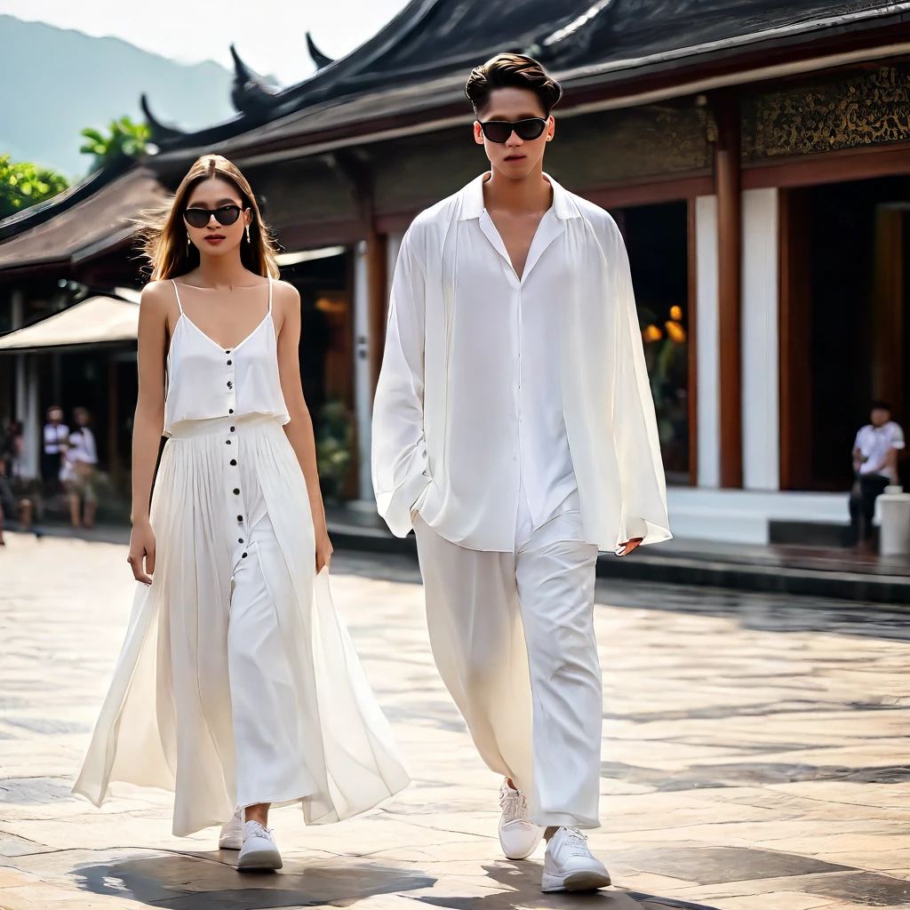 candid fashion photography of young man and woman, both aged 20 year old, ((showcase fashion look book in a White rayon outfits)), inspired by Zara's resort collection 2020 in elegant young bohemian style. The man wears an oversized short-sleeved bowling white shirt with a pocket details, paired with relaxed-fit white Sports Wide Leg Baggy short and Drawstring, He completes his look with white sneakers, sunglasses and bracelet. The woman complements him in a white Ankle-length dress in a rayon with delicate lace insets, V-shaped neckline, covered buttons down the front and an open section, (sleeveless with spaghetti shoulder straps), Gathered waist, lace hem, Her ensemble includes an accessorizes with a wide-brimmed straw hat, white sneakers and necklace. Captured in a low angle, ((full-body image)), The photograph is taken with a Canon EOS R camera using an 85mm f/1.8 lens at an f/2.2 aperture, utilizing natural light. Employing three-point lighting and incorporating 3D animation shadows enhances his features and adds depth to the composition. The careful layering and arrangement of his body parts and surrounding objects ensure a flawless composition. This masterpiece celebrates the beauty of the male form and invites viewers to immerse themselves in a world of sophistication and charm. The seductive lighting and intricate details, combined with a dramatic composition, invite viewers to revel in the essence of a fun-filled day, brimming with joy and relaxation. Attention is meticulously paid to the layers and arrangement of his body parts and surrounding objects, ensuring correct body structure and photo distance. The romantic atmosphere, paired with a lively and extremely gorgeous Chiangmai old town background, enhances the overall allure of this exquisite image, Chiang Mai Thailand