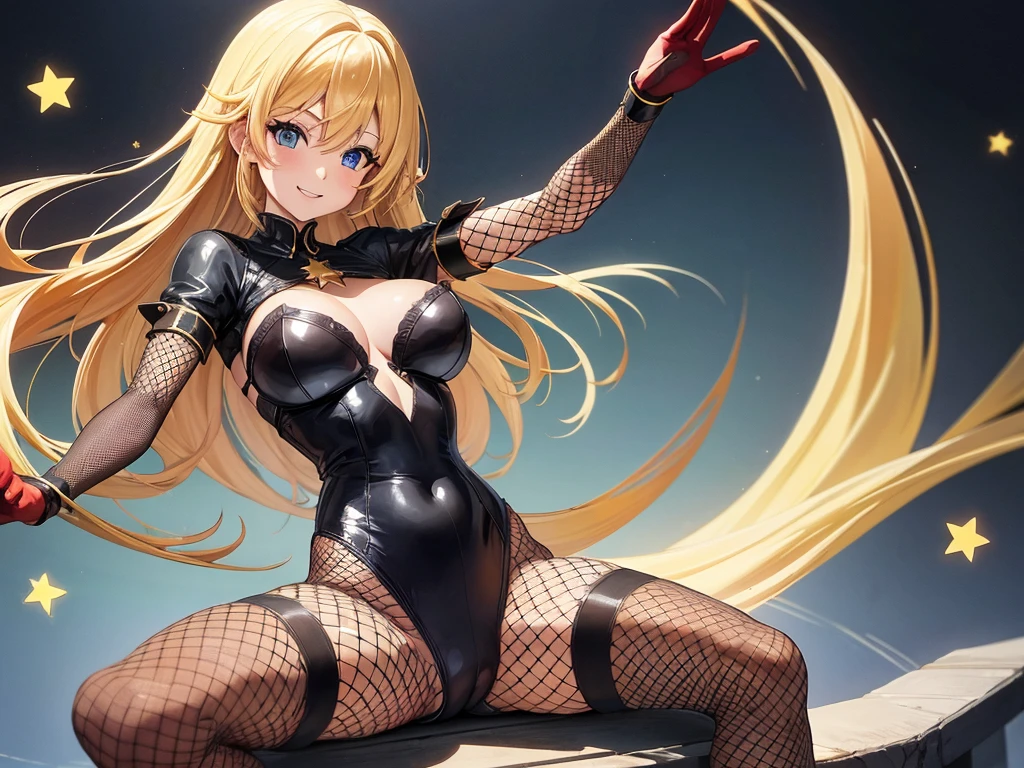 Ample breasts,pretty girl、Golden Hair、Blue Eyes、Black leotard、Red star pattern、Bright atmosphere、smile、High leg、Spreading her legs,Fishnet tights、stockings