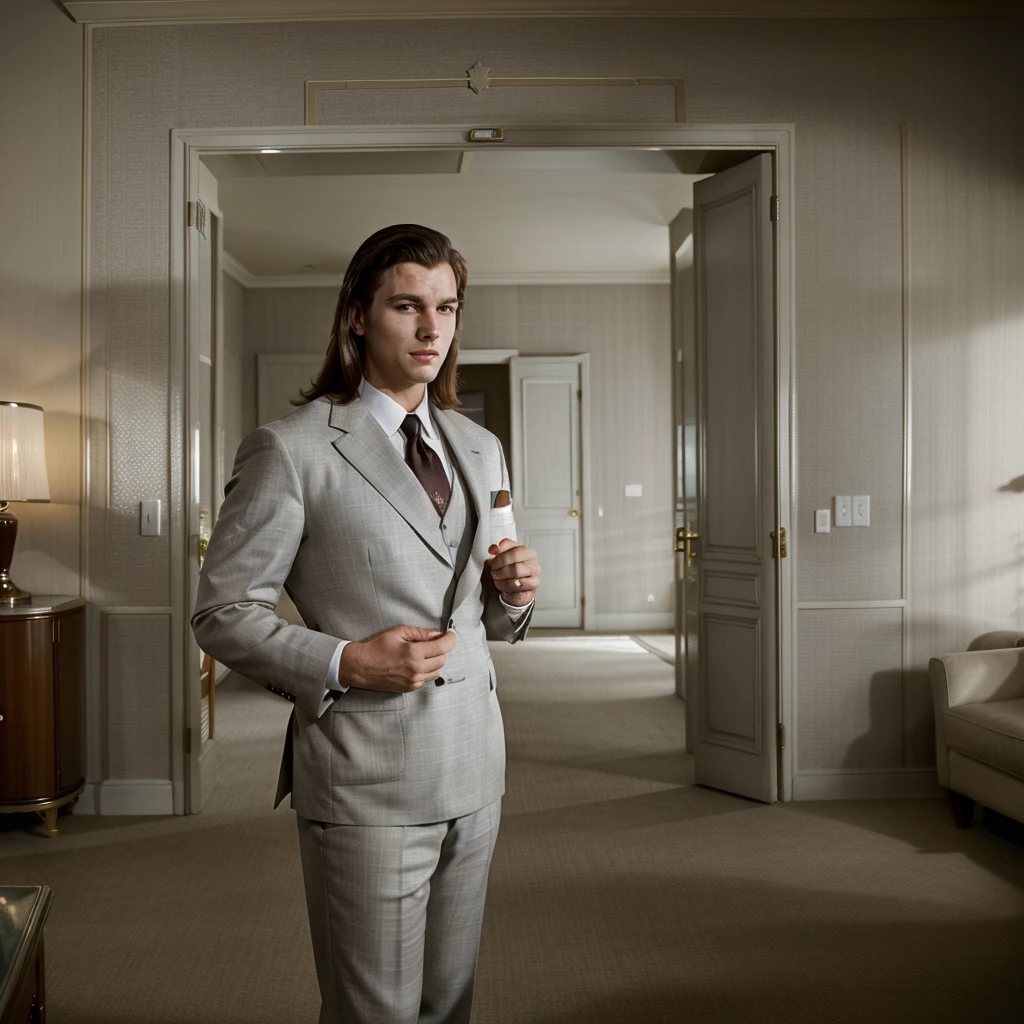 The character is standing in the living room retro style, seeing off the guests, Brown hair, Mid-Sea Appearance, handsome male, elegant pose, in a gray fabric suit, The surroundings exude tranquility and luxury, ( Old Money Style Image),ultra realistic,portrait,candid