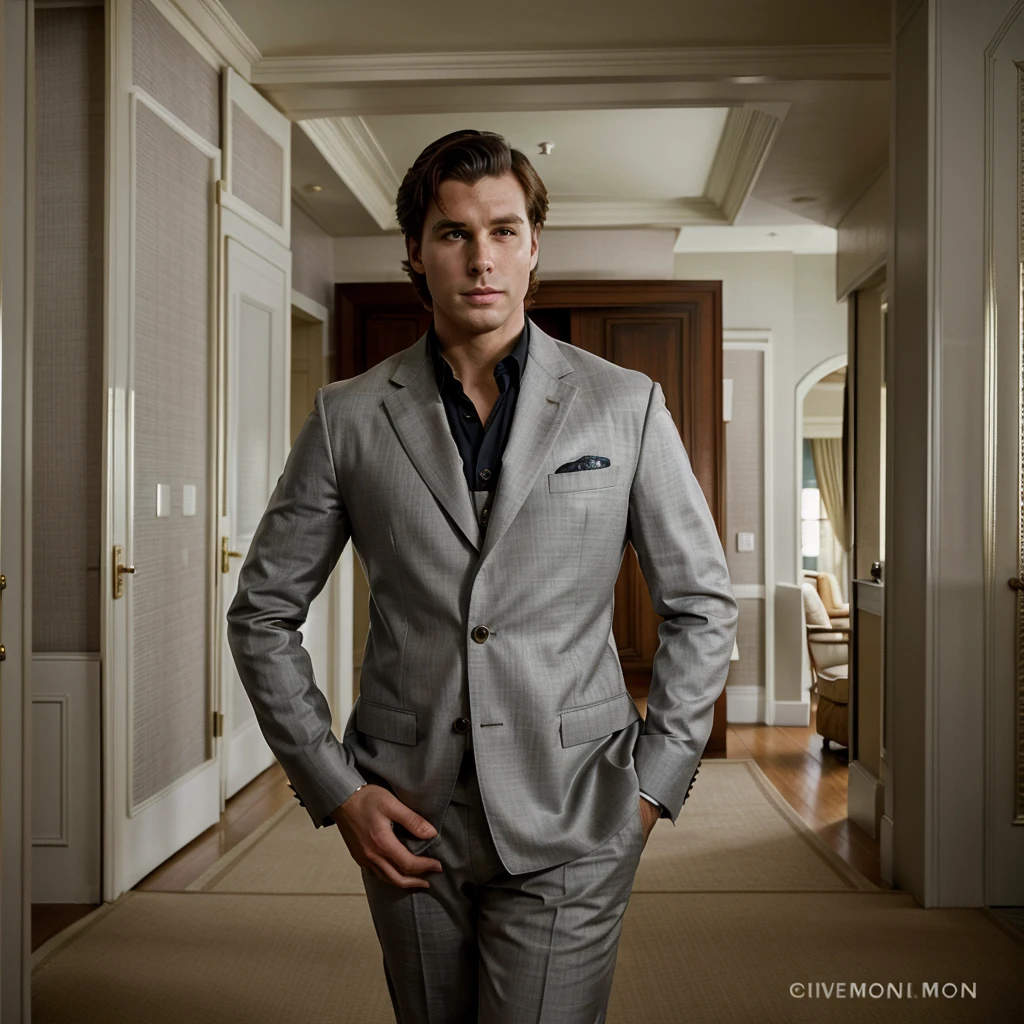 The character is standing in the living room retro style, seeing off the guests, Brown hair, Mid-Sea Appearance, handsome male, elegant pose, in a gray fabric suit, The surroundings exude tranquility and luxury, ( Old Money Style Image),ultra realistic,portrait,candid