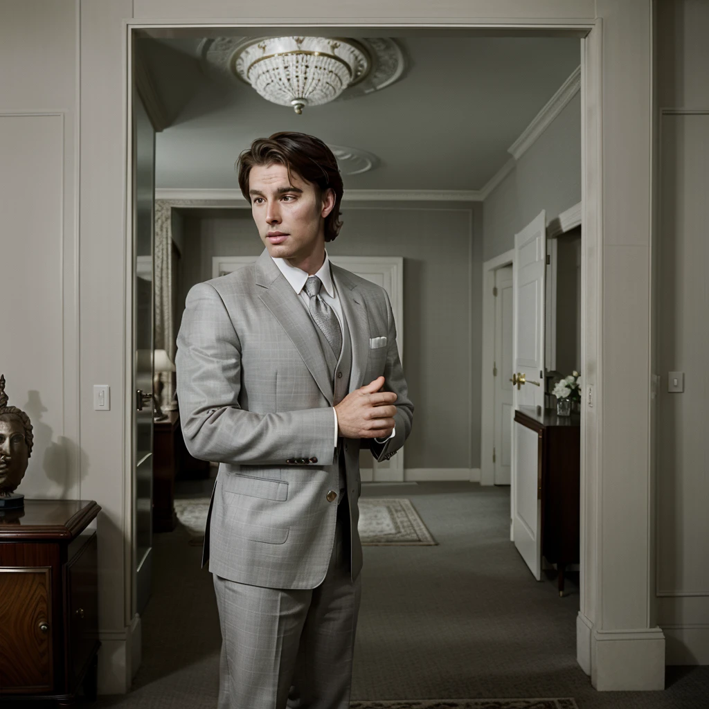 The character is standing in the living room retro style, seeing off the guests, Brown hair, Mid-Sea Appearance, handsome male, elegant pose, in a gray fabric suit, The surroundings exude tranquility and luxury, ( Old Money Style Image),ultra realistic,portrait,candid