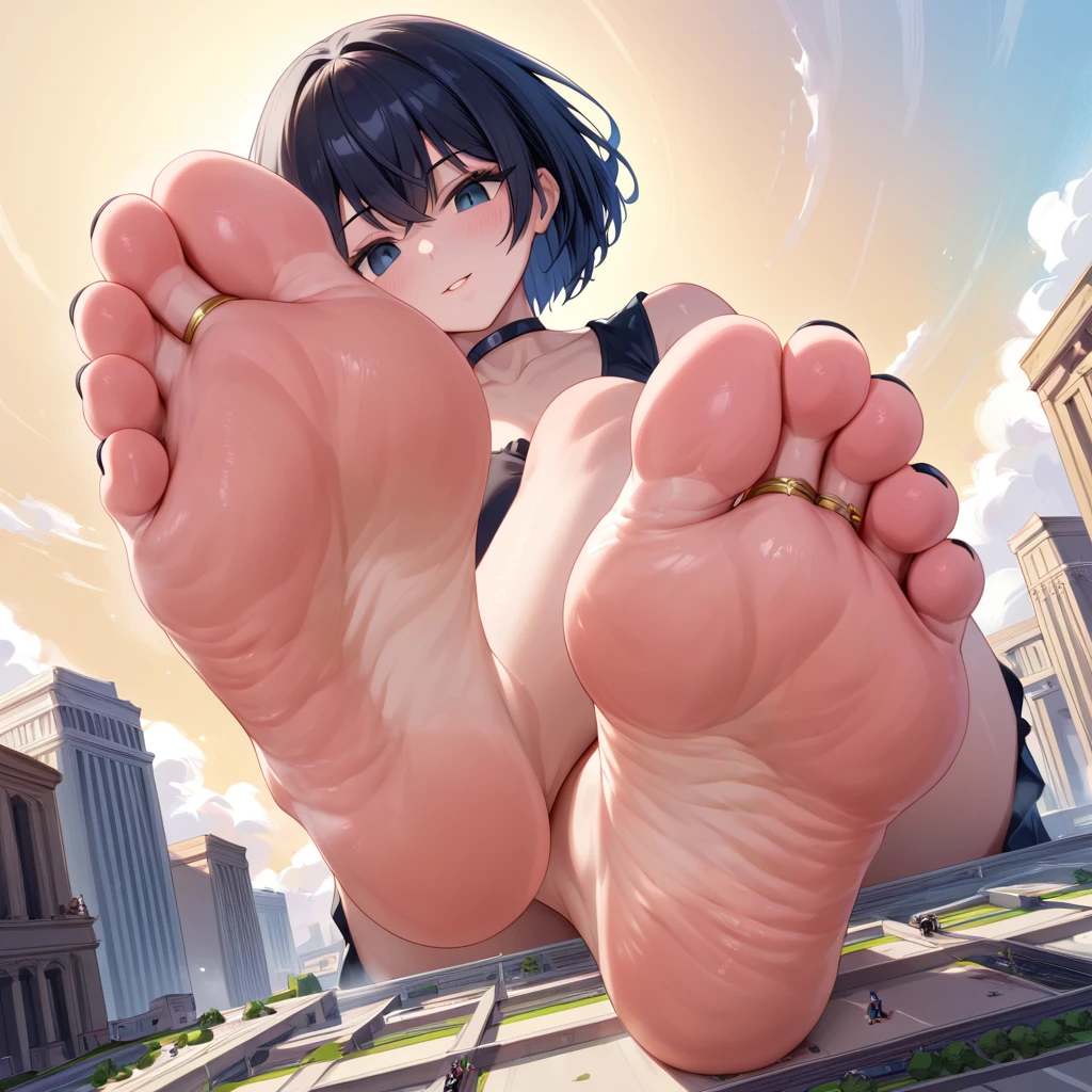 score_10, score_9_up, score_8_up, 1girl, black hair, black empty eyes, short hair, black choker, macro giantess, POV, legs crossed, foot focus, highly detailed, 32k, highly detailed feet, black toenails, high soles, toe ring, high arch, greek toe, wrinkled soles, giantess, focus on feet, feet rested, highly detailed drawing, ultra quality, feet musk, musky feet, 