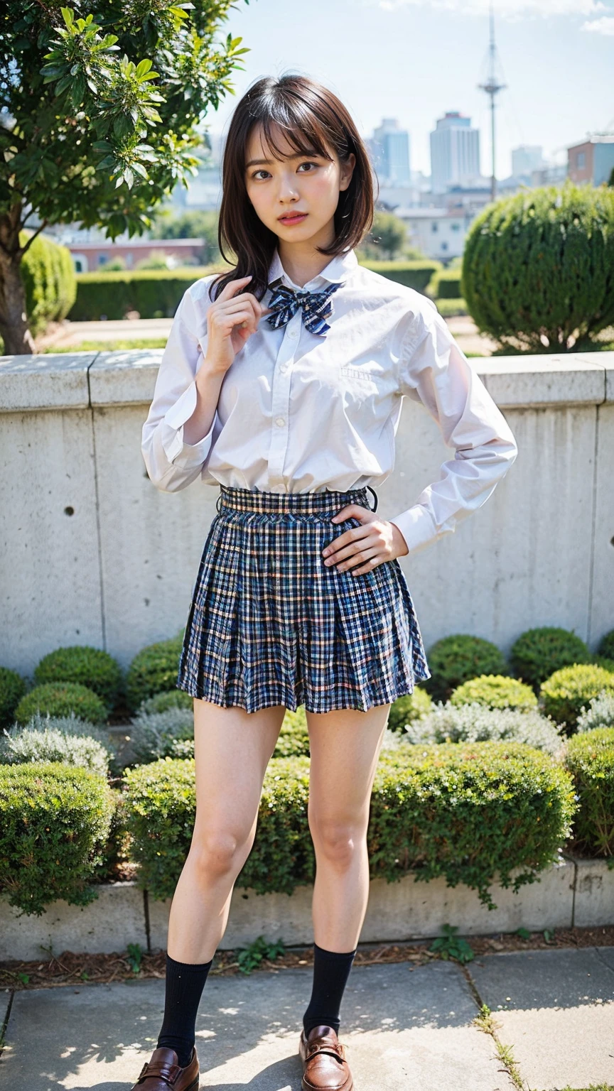 (8K、RAW Photos、Highest quality、masterpiece:1.2)、(Realistic、Realistic)、1 Girl、((Black Check Mini Skirt、High School Uniform、blazer、Navy Socks、loafers、Medium Hair、garden、View from the front、Looking into the camera、Stand with hands on hips))、cute