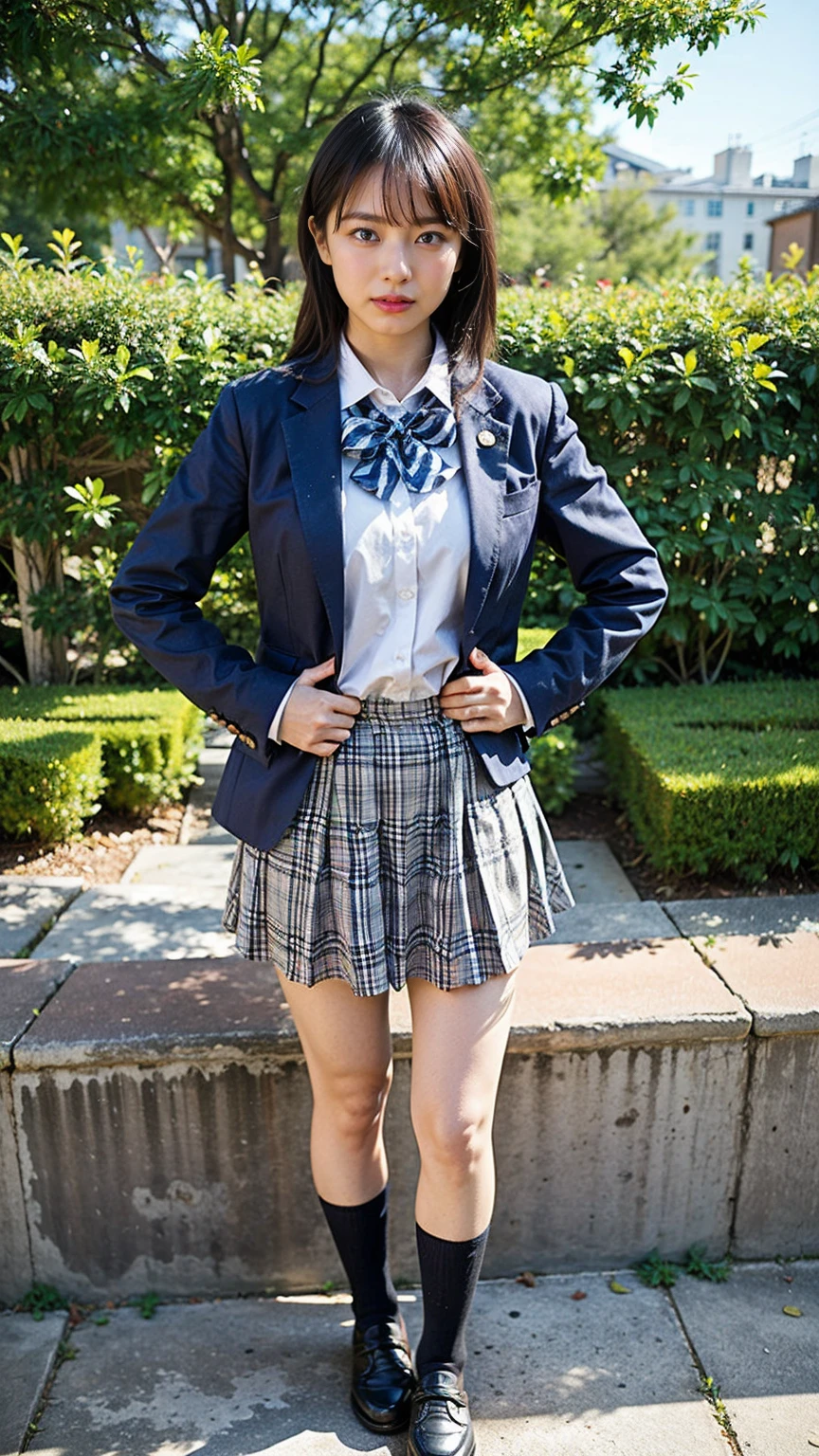 (8K、RAW Photos、Highest quality、masterpiece:1.2)、(Realistic、Realistic)、1 Girl、((Black Check Mini Skirt、High School Uniform、blazer、Navy Socks、loafers、Medium Hair、garden、View from the front、Looking into the camera、Stand with hands on hips))、cute