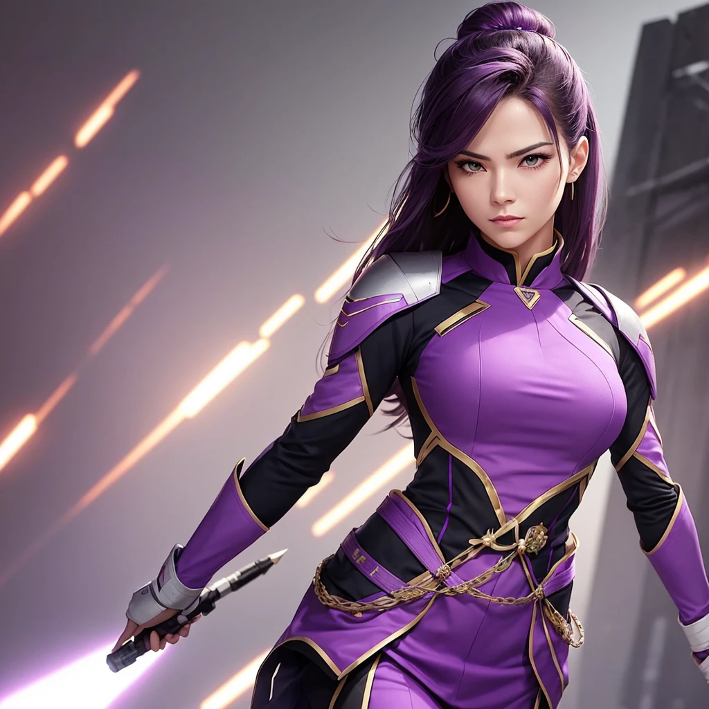 Generate an image of a female commander dressed in purple attire. She should exude a commanding presence and appear exceptionally cool and confident as a leader. The image should showcase her in a strong and assertive pose, conveying authority and professionalism, with a background that complements her leadership role.