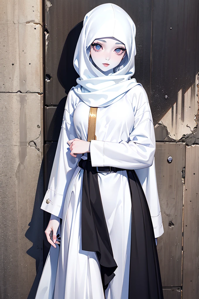 ,1girl, solo, pretty face, eyelashes, nose, glossy lips, (detailed eyes, looking at viewer, fair skin, white skin: 1.5), smooth skin, wearing hijab, beauty hijab, black skirt, belt, black long skirt, standing. Leaning on the wall with colorful splash