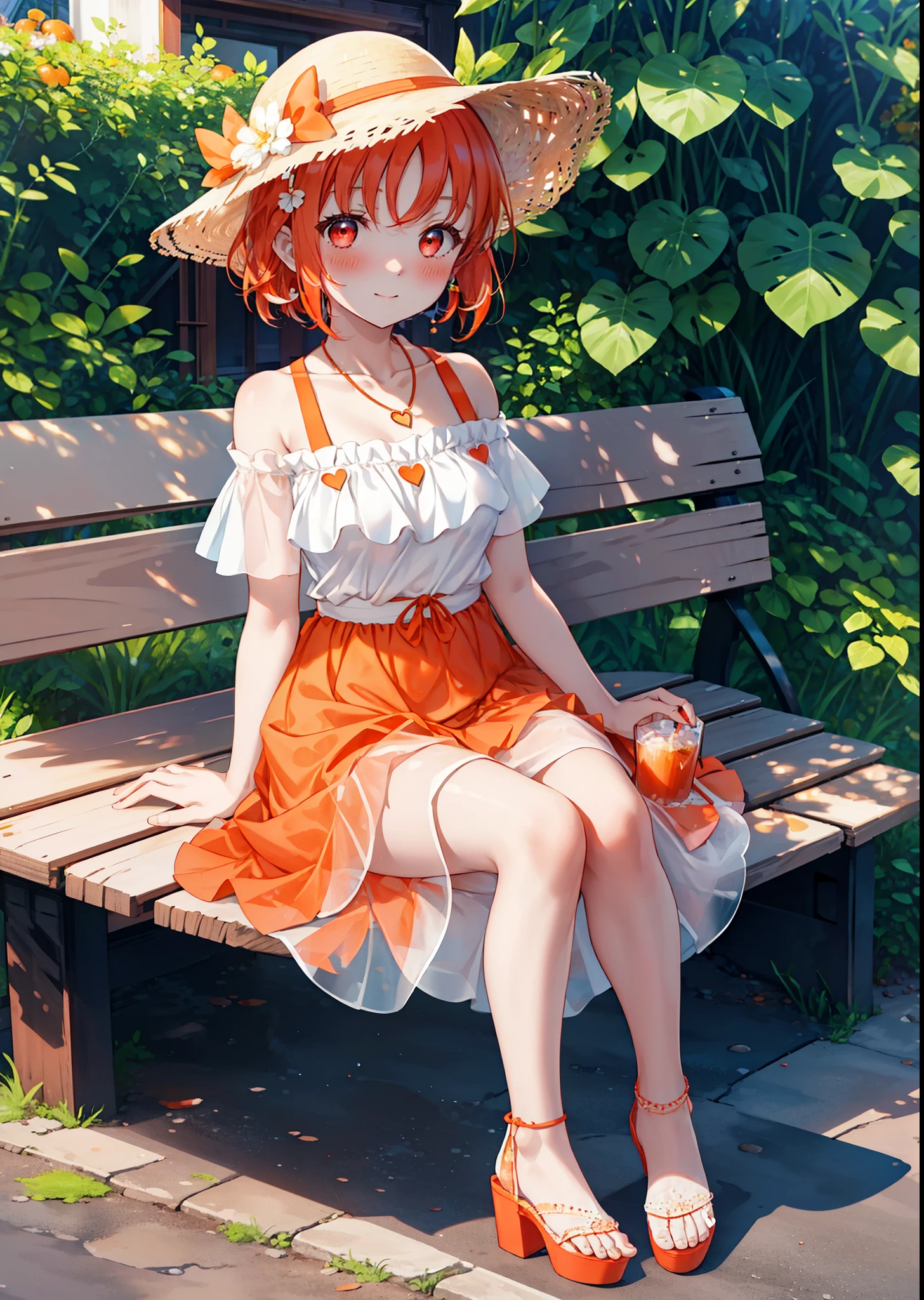 chika　takami,Orange Hair,Red eyes,smile,blush,Big straw hat,Orange off-shoulder dress,Bare shoulders,bare clavicle,Bare neck,Short sleeve,Heart-shaped necklace,Long skirt,Cute heeled sandals,Sitting on a bench,,Daytime,Clear skies,whole bodyがイラストに入るように break outdoors, Building district, break looking at viewer, whole body, break (masterpiece:1.2), Highest quality, High resolution, unity 8k wallpaper, (figure:0.8), (Beautiful attention to detail:1.6), Highly detailed face, Perfect lighting, Highly detailed CG, (Perfect hands, Perfect Anatomy),