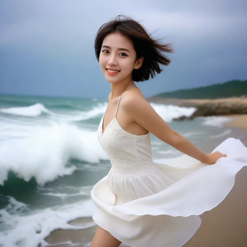 Chest size 34 inches, Wear sleeveless, light skirt. Portrait of a beautiful pretty woman with short stature , wearing a light skirt , Short medium hair blowing in the wind, 1 woman, beautiful eyes, a little smile, Full-body photo taken from afar with a wide-angle lens, The background is neat and perfect.., the waves came in