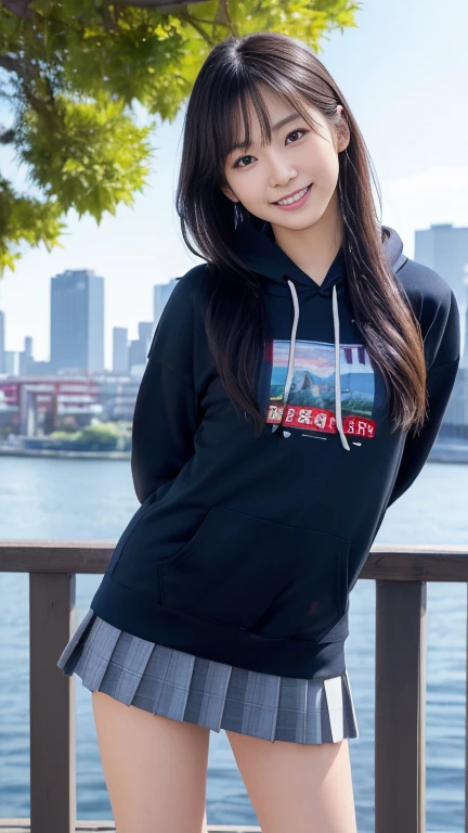 (masterpiece:1.3), (8K, Photorealistic, RAW Photos, Best image quality: 1.4),20 year old cute Japan woman、(Long Hair)、(ponytail)、(Perfect body)、(Perfect proportions)、Super detailed face、double eyelid、Sharp focus:1.2、Jet Black Hair、Straight Hair、Highest quality、masterpiece、Ultra-high resolution、(Photorealistic:1.4)、(hoodie)、(Flared mini skirt)、whole body, Long legs、Highly detailed face, Beautiful Eyes, double eyelid、Are standing、sunny、Bend over and peer at me、smile、Tokyo cityscape、Outdoor、blue sky
