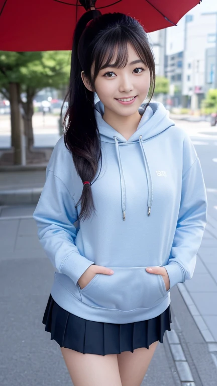 (masterpiece:1.3), (8K, Photorealistic, RAW Photos, Best image quality: 1.4),20 year old cute Japan woman、(Long Hair)、(ponytail)、(Perfect body)、(Perfect proportions)、Super detailed face、double eyelid、Sharp focus:1.2、Jet Black Hair、Straight Hair､Highest quality、masterpiece、Ultra-high resolution、(Photorealistic:1.4)、(hoodie)、(Flared mini skirt)、whole body, Long legs、Highly detailed face, Beautiful Eyes, double eyelid､Are standing､sunny、Bend over and peer at me、smile、Tokyo cityscape、Outdoor、blue sky