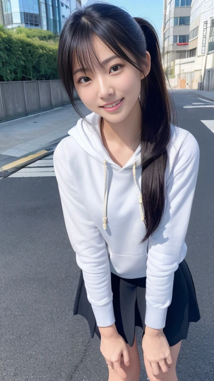 (masterpiece:1.3), (8K, Photorealistic, RAW Photos, Best image quality: 1.4),20 year old cute Japan woman、(Long Hair)、(ponytail)、(Perfect body)、(Perfect proportions)、Super detailed face、double eyelid、Sharp focus:1.2、Jet Black Hair、Straight Hair、Highest quality、masterpiece、Ultra-high resolution、(Photorealistic:1.4)、(hoodie)、(Flared mini skirt)、whole body, Long legs、Highly detailed face, Beautiful Eyes, double eyelid、Are standing、sunny、Bend over and peer at me、smile、Tokyo cityscape、Outdoor、blue sky