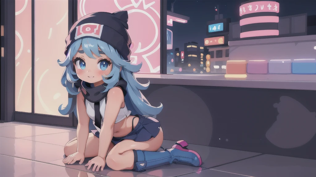 (best quality,4k,8k,highres,masterpiece:1.2),ultra-detailed,(realistic,photorealistic,photo-realistic:1.37)highres,portrait,beautiful girl,taking a selfie in a public bathroom mirror,glossy reflection,\(pokemon\), beanie, long hair, blue hair, blue eyes, detailed eyes, beautiful eyes, black sleeveless shirt, pink scarf, pink skirt, pink boots, body shape, chubby thighs, down blouse,[metallic mirror],vibrant colors,soft lighting,hint of mystery,subtle smile,stylish outfit,impressive attention to facial details,expressive eyes,luscious lips,long eyelashes,shiny hair flowing down,urban backdrop,modern ambiance