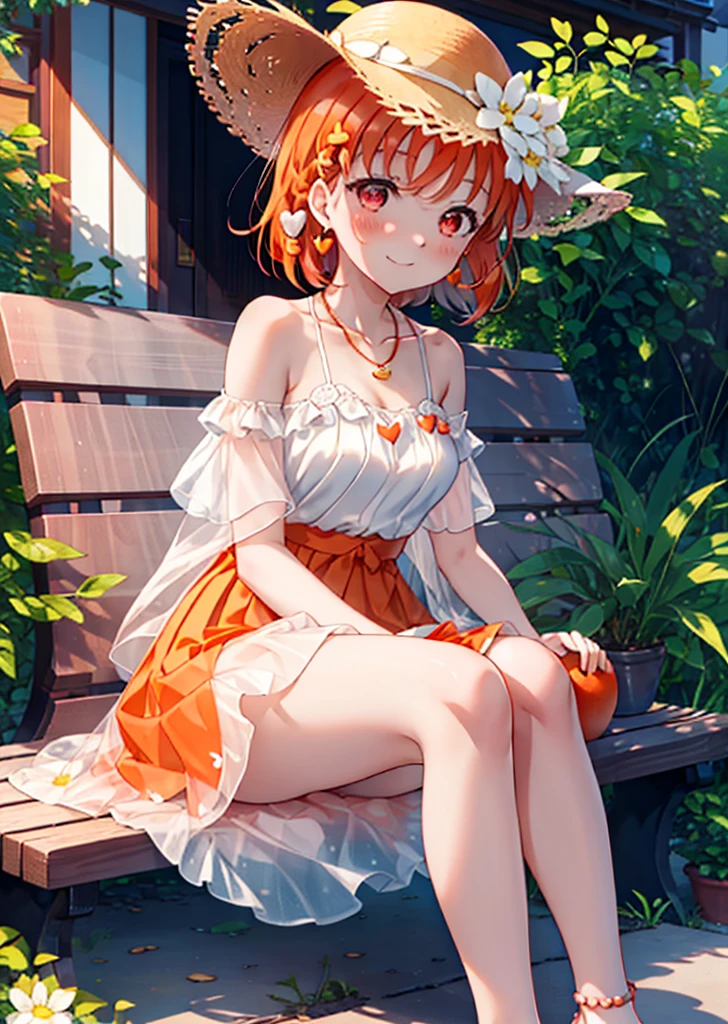 chika　takami,Orange Hair,Red eyes,smile,blush,Big straw hat,Orange off-shoulder dress,Bare shoulders,bare clavicle,Bare neck,Short sleeve,Heart-shaped necklace,Long skirt,Cute heeled sandals,Sitting on a bench,,Daytime,Clear skies,whole bodyがイラストに入るように break outdoors, Building district, break looking at viewer, whole body, break (masterpiece:1.2), Highest quality, High resolution, unity 8k wallpaper, (figure:0.8), (Beautiful attention to detail:1.6), Highly detailed face, Perfect lighting, Highly detailed CG, (Perfect hands, Perfect Anatomy),