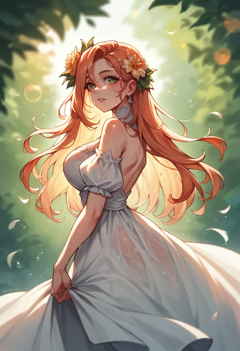 art:Cornflower, dream-like (A girl with beautiful and delicate eyes. The depth of field in the photo is perfect, The lens flare creates a nice atmosphere., {{Side-breasted:2}}}, Soaked Dress