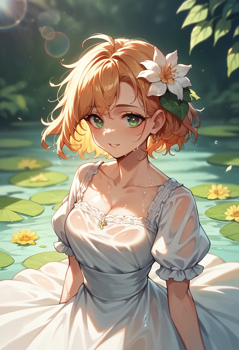 art:Cornflower, dream-like (A girl with beautiful and delicate eyes. The depth of field in the photo is perfect, The lens flare creates a nice atmosphere., {{Side-breasted:2}}}, Soaked Dress