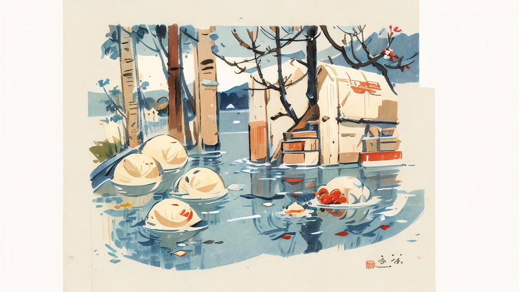 Illustration: simple woodblock printing style ,  Chinese food, pork buns