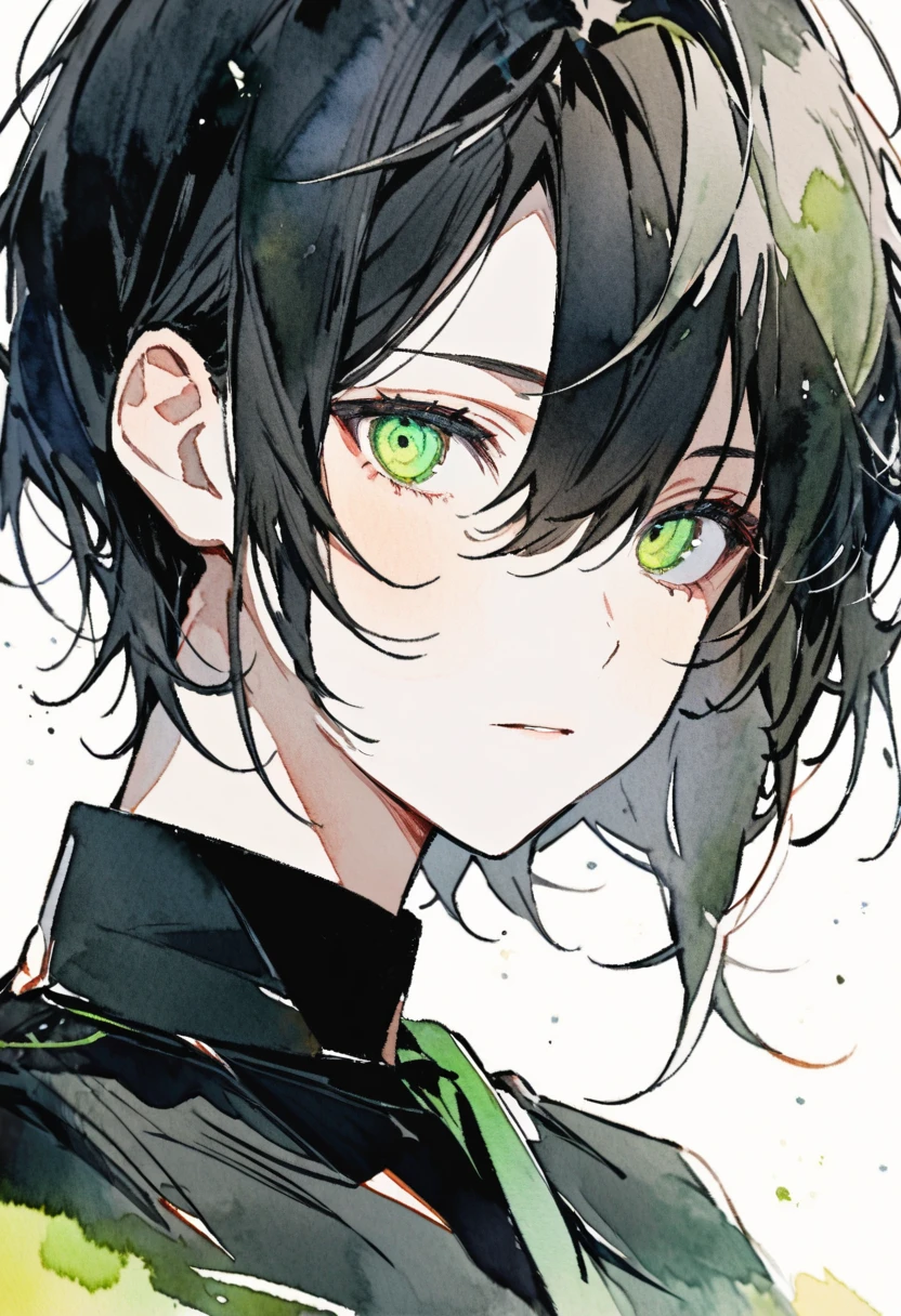 One girl, Portrait of a Boy, White Background, Detailed face, detailed eye, alone, Simple Background, Abstract,watercolor \(Moderate\), green_eye, black hair, black_shirt, hair between eye, green_tie