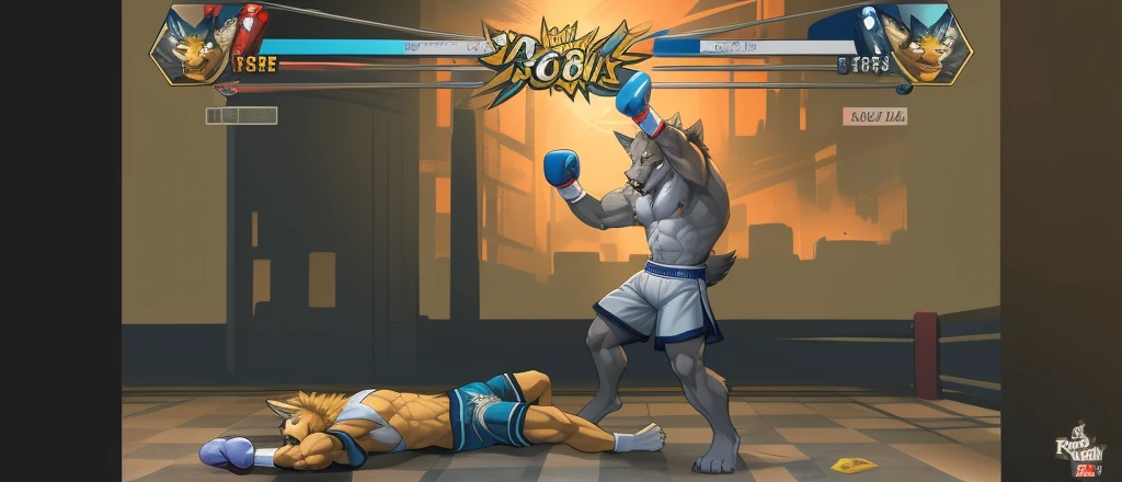 a detailed picture of a boxing match (one male anthros), slim body, slim features, in a boxing ring, Ross Tran, ruan jia, trending on artstation, foxovh,User Interface of Fighting game, Crisis, assorted poses, assorted expression, full body, sound effects, motion blur, from side, ((yellow wolf, blue shorts, knocked out on the floor)), (((gray wolf, white shorts, muay thai pose))) “VS”