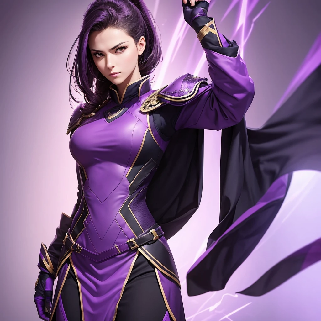 Generate an image of a female commander dressed in purple attire. She should exude a commanding presence and appear exceptionally cool and confident as a leader. The image should showcase her in a strong and assertive pose, conveying authority and professionalism, with a background that complements her leadership role.