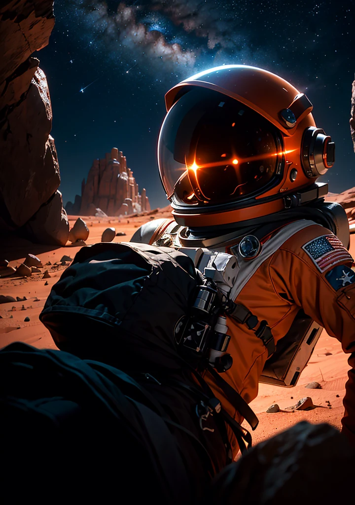 An astronaut is sitting and leaning against a large rock on the surface of Mars at night. The Martian landscape is bathed in the dim light of distant stars, and the red planet's barren, rocky terrain stretches out in the background. The astronaut's suit is illuminated by the faint glow of their helmet lights, and the scene has a peaceful, contemplative atmosphere under the vast, starry sky.