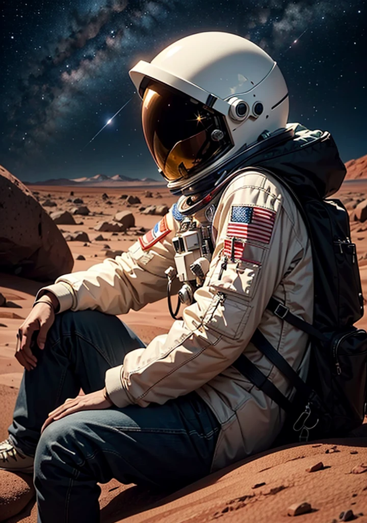 An astronaut is sitting and leaning against a large rock on the surface of Mars at night. The Martian landscape is bathed in the dim light of distant stars, and the red planet's barren, rocky terrain stretches out in the background. The astronaut's suit is illuminated by the faint glow of their helmet lights, and the scene has a peaceful, contemplative atmosphere under the vast, starry sky.
