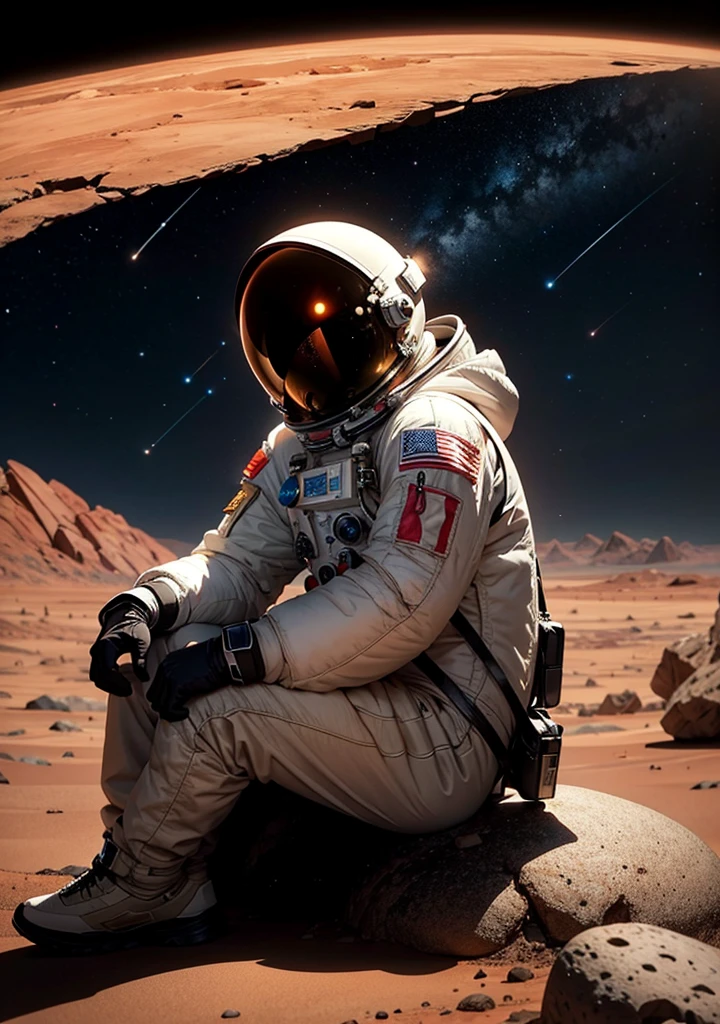 An astronaut is sitting and leaning against a large rock on the surface of Mars at night. The Martian landscape is bathed in the dim light of distant stars, and the red planet's barren, rocky terrain stretches out in the background. The astronaut's suit is illuminated by the faint glow of their helmet lights, and the scene has a peaceful, contemplative atmosphere under the vast, starry sky.