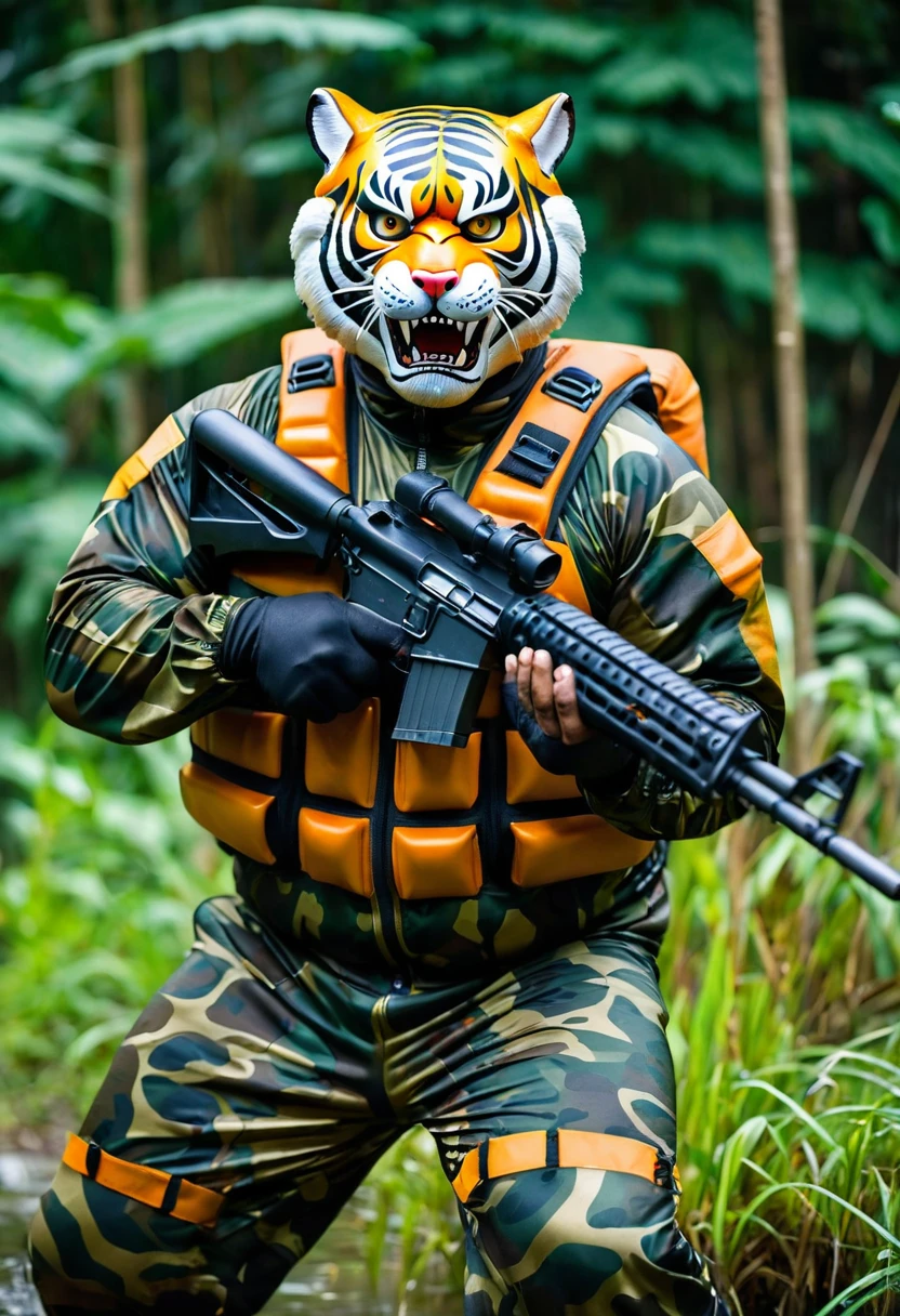 (a dark-skinned fat old man in a bulky camouflage zipper diver suit) shooting with a gun and (wearing roaring siberian tiger mask that show the wearer eyes), muscular, Basuki Abdullah, sumatraism, action, a character portrait, heroic, fierce, snarling
