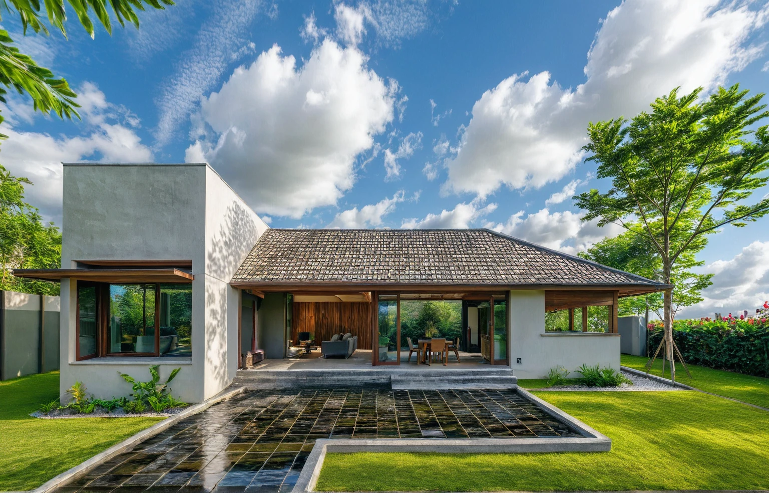 masterpiece, High quality, de meilleure qualité, authentique, super detailed, Outside, modern house style, rural, maison située au pied de la colline, with running water stream, gurgling stream with gravel, house with faux stone tiled wall. glass windows, porte d'entrée, paved courtyard, flower beds, arbres, blue sky, clouds, (date : January 1st), realistic lighting, Vietnamese garden