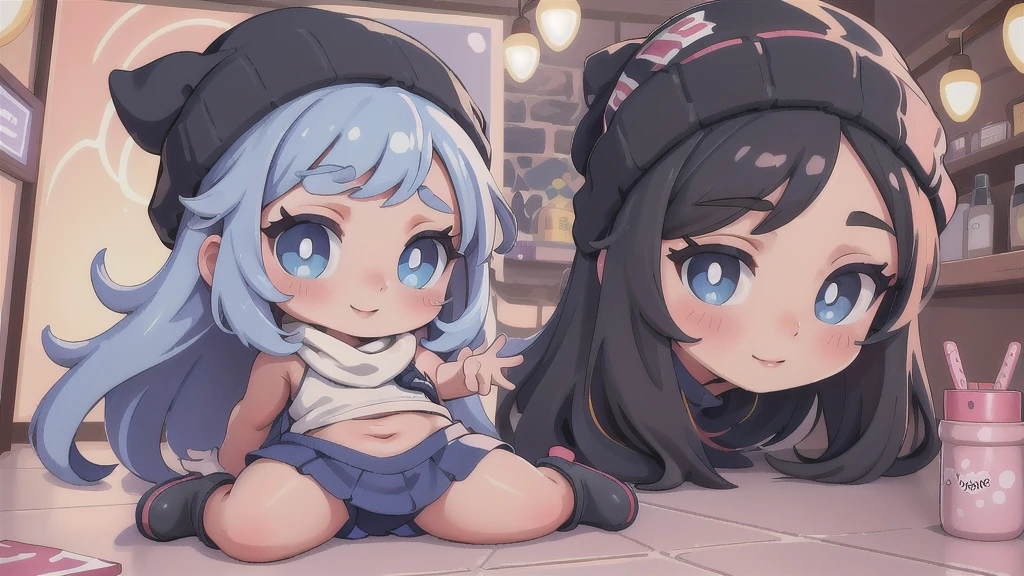 (best quality,4k,8k,highres,masterpiece:1.2),ultra-detailed,(realistic,photorealistic,photo-realistic:1.37)highres,portrait,beautiful girl,taking a selfie in a public bathroom mirror,glossy reflection,\(pokemon\), beanie, long hair, blue hair, blue eyes, detailed eyes, beautiful eyes, black sleeveless shirt, pink scarf, pink skirt, pink boots, body shape, chubby thighs, down blouse,[metallic mirror],vibrant colors,soft lighting,hint of mystery,subtle smile,stylish outfit,impressive attention to facial details,expressive eyes,luscious lips,long eyelashes,shiny hair flowing down,urban backdrop,modern ambiance