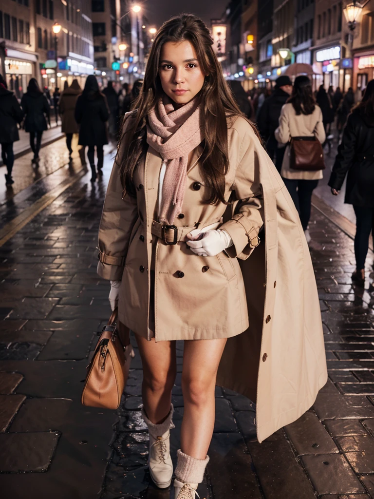 1girl with long brown hair wearing a fully buttoned up and belted buckle beige trench coat with a large pink winter wool scarf and white gloves carrying her large purse at the hard rainy night city street full body 8k