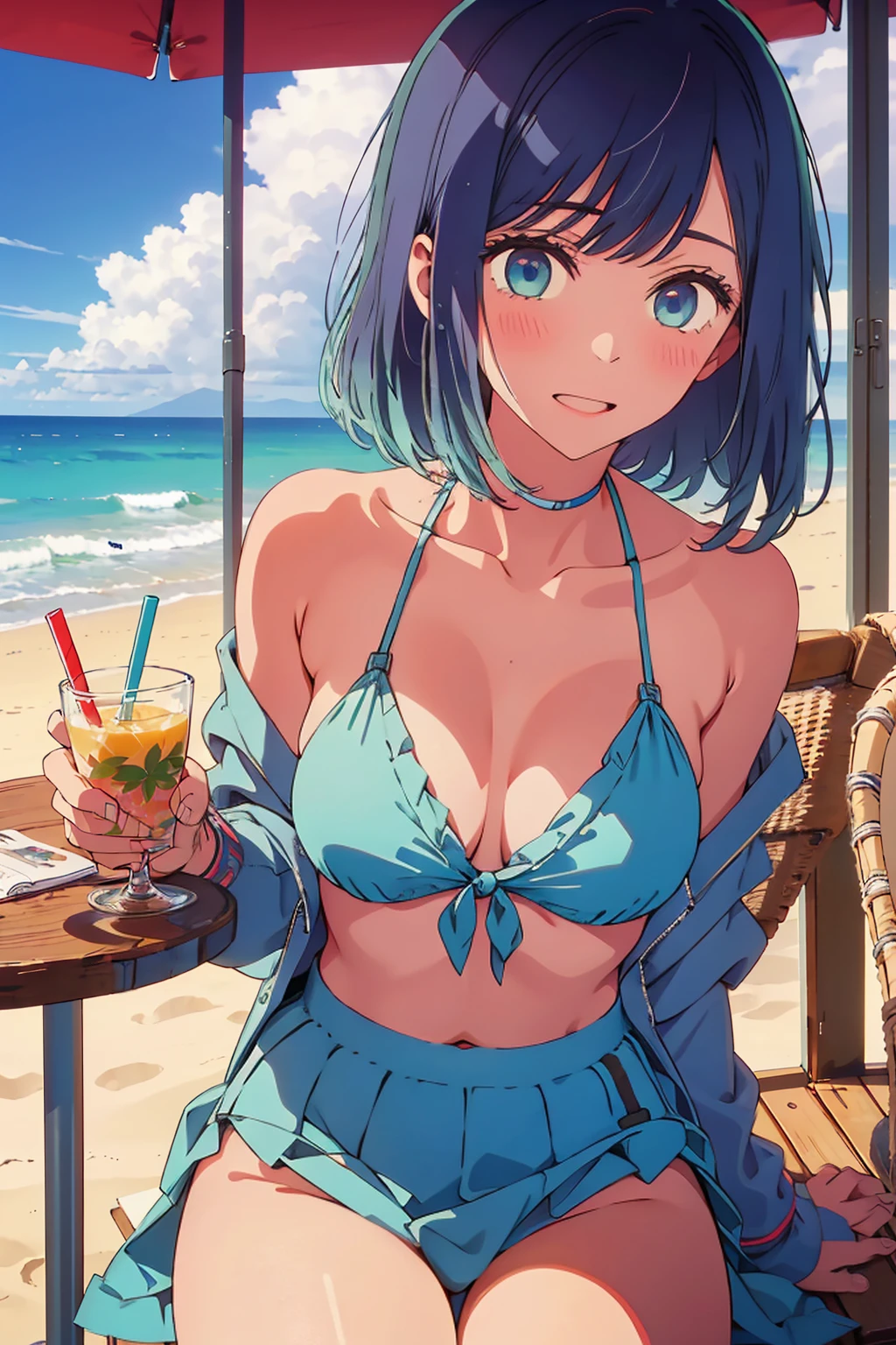 (Highest quality:1.4、masterpiece:1.4、Super detailed:1.4、8K:1.4)、((((1 person、Surprised expression、sit、Outdoor café terrace、coastal、juice、table、Sandy Beach、juiceのグラスを持つ、Big eyes、Plain Bikini、The depth of the written world、Very cute face))))、F cup bust、Medium breast、Breasts about to spill out of a bikini