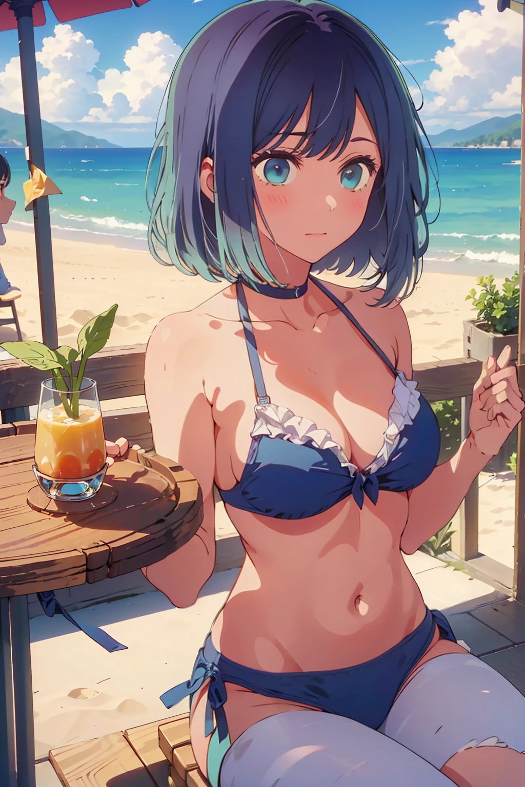 (Highest quality:1.4、masterpiece:1.4、Super detailed:1.4、8K:1.4)、((((1 person、Surprised expression、sit、Outdoor café terrace、coastal、juice、table、Sandy Beach、juiceのグラスを持つ、Big eyes、Plain Bikini、The depth of the written world、Very cute face))))、F cup bust、Medium breast、Breasts about to spill out of a bikini