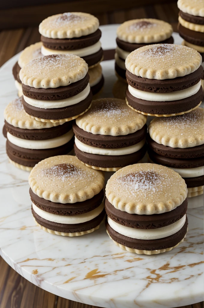 Alfajores with dulce de leche filling, brownies, Chocolate alfajores with dulce de leche filling, alfajores with dulce de leche filling covered with coconut edges, inside is a box, on a marble table, good light, high quality, detailed.