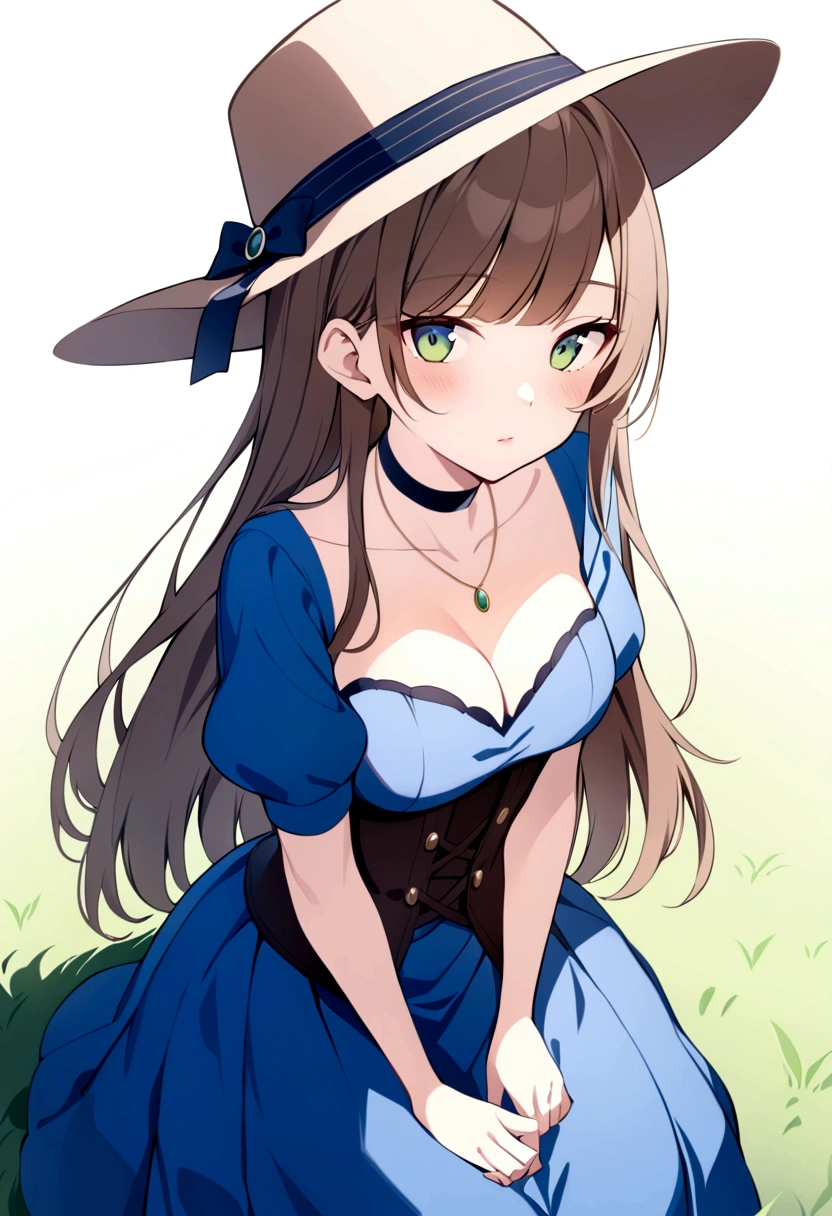 slender, mature female, rating:safe, 1girl, solo, necklace, long_hair, short_sleeves, grass, sitting, dress, brown_hair, bangs, looking_at_viewer, outdoors, puffy_sleeves, closed_mouth, buttons, skirt, jewelry, hat, blue_dress, choker, bow, corset, puffy_short_sleeves, blue_eyes, swept_bangs, head_tilt, lips, blunt_bangs, green_eyes, hands_on_lap
