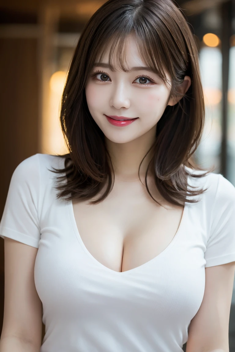 Background is white, Highest quality, shape, Very detailed, In detail, High resolution, 8k wallpaper, Perfect dynamic composition, Beautiful details,  Natural Lip, Tight T-shirt, Big Breasts, Cleavage, she、smile, A masterpiece of the whole body, Side Short