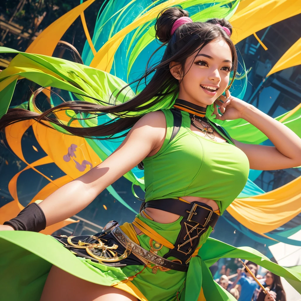 Create an image of a young female activist wearing vibrant green clothing. She should be in a dynamic, energetic pose, creatively inspiring and exciting a diverse group of people around her. The setting should be lively and colorful, reflecting a sense of enthusiasm and creativity. Include elements that highlight his charismatic and motivational personality, such as expressive gestures, an engaging smile, and vibrant surroundings filled with creativity and positive energy.