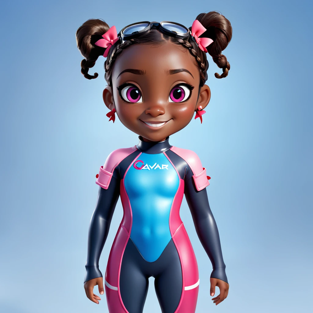 Create a full-body view of a kid-friendly avatar of a young girl named Arya with dark skin, hair styled in pigtails with pink and red bows. She is wearing scuba gear, including a pink wetsuit, blue overalls, goggles, snorkel, and pink flippers. The avatar should be cartoonish with large, expressive eyes, a friendly smile, and a playful demeanor. The background should be a simple blue gradient.