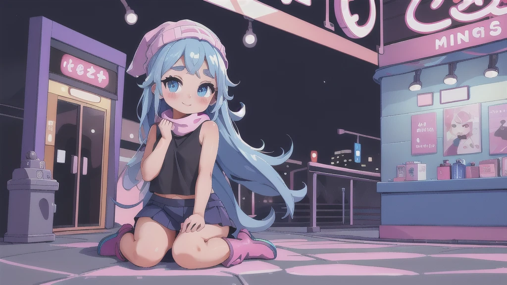 (best quality,4k,8k,highres,masterpiece:1.2),ultra-detailed,(realistic,photorealistic,photo-realistic:1.37)highres,portrait,beautiful girl,taking a selfie in a public bathroom mirror,glossy reflection,\(pokemon\), beanie, long hair, blue hair, blue eyes, detailed eyes, beautiful eyes, black sleeveless shirt, pink scarf, pink skirt, pink boots, body shape, chubby thighs, down blouse,[metallic mirror],vibrant colors,soft lighting,hint of mystery,subtle smile,stylish outfit,impressive attention to facial details,expressive eyes,luscious lips,long eyelashes,shiny hair flowing down,urban backdrop,modern ambiance