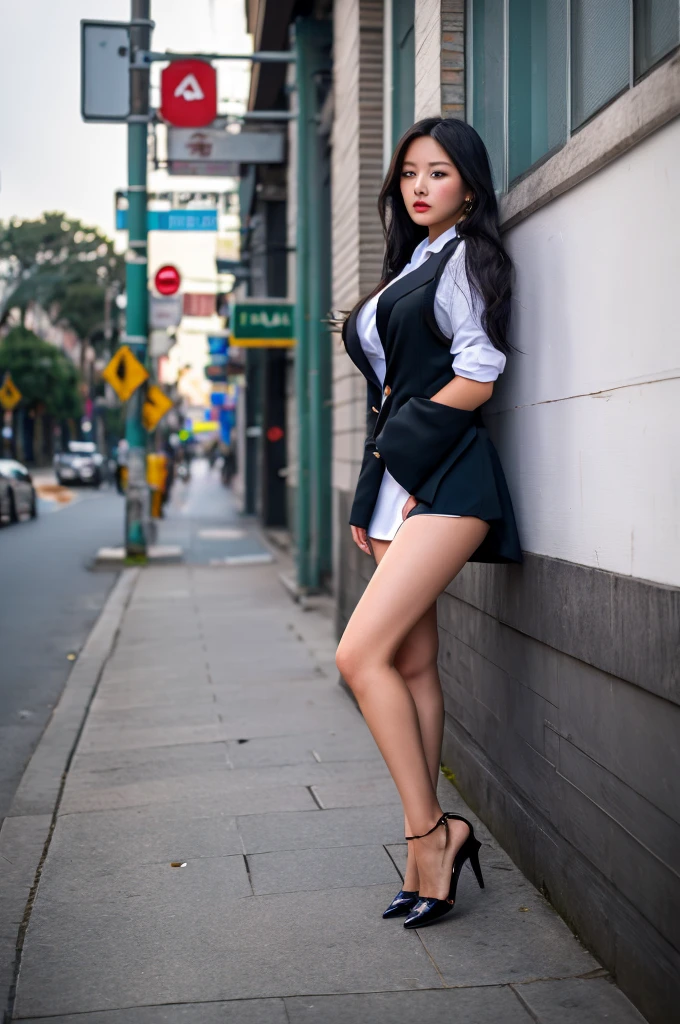 a 17 year old girl, she is the most beautiful actress in the world, the perfect body proportions of this girl in formal outfit, her large breasts are clothed by the formal shirt within the blazer that's closing on short skirt, it's too short for the skirt to hide the panties between her bare legs, it's just front of her body in photo, there's no photo space above her head, her feet are out of photo space, she is standing straight at the street, nsfw, best quality, highly detailed, masterpiece, ultra high res, photo realistic, 8k, RAW photo