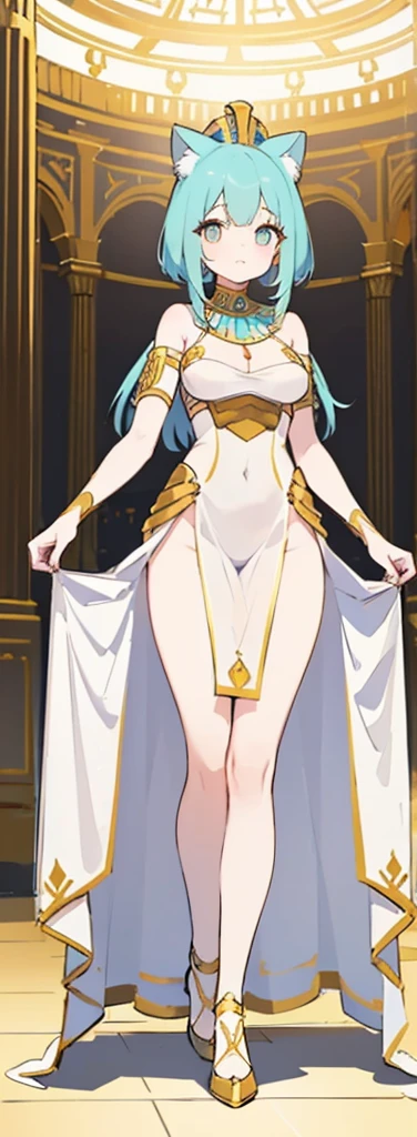 a beautiful long cyan-haired girl wearing an elaborate egyptian queen's costume, sexy white egyptian dress with colored striped fabric hem, beautiful naked thighs, full body view, short hair, golden eyes, in the style of an egyptian golden cat, white background, photorealistic, 8k, high quality, detailed, vivid colors, dramatic lighting, Wearing high gold shoes, cute face is obvious, (blank white background with no other objects) Slim body 