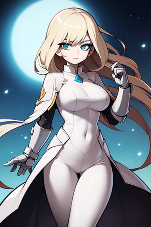 best quality, 1girl adult, slim hips, pale skin, blond hair, medium hair, straight hair, light blue eyes, extra big overflowing breasts, futuristic armor