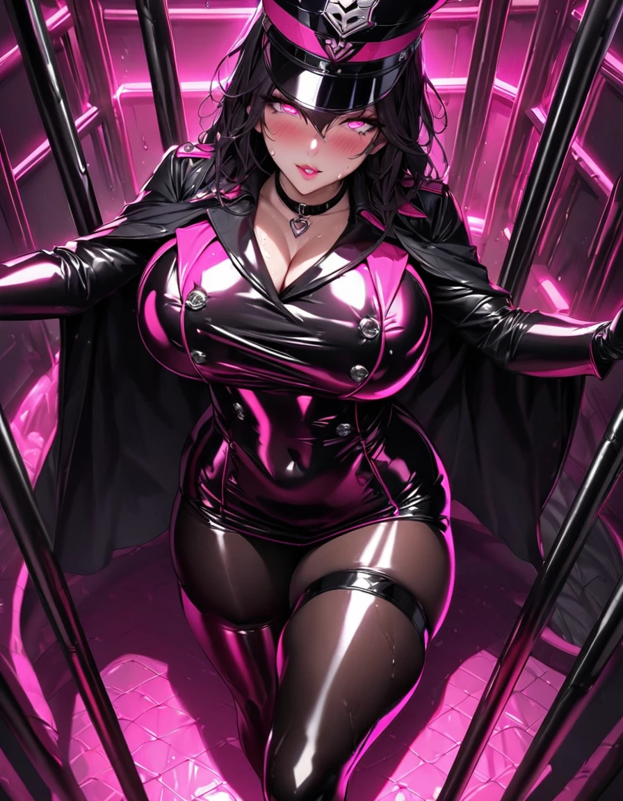 Young beautiful woman,(Highest quality,Extremely detailed depiction,Incredibly absurd high resolution,Anatomically accurate depiction,Two lovely hands, Five perfect fingers,Curvy Legs),(Glowing Skin,Shiny skin,Oilskin),(((Female Leader of an Evil Organization))),(Latex military costume,A shiny bondage dress with an intricate structure,military hat,military cloak,A complex mask,Thigh-high boots,Long gloves,Leather Choker,pantyhose),eyelash,eye shadow,(Glowing pink eyes,There is cleavage in the chest,A seductive smile,Large Breasts,Glossy Lips,Shadowed face,Press your chest against the bars),Sweat,whole body,blush,background:prison,Pink light,(From above:1.2)