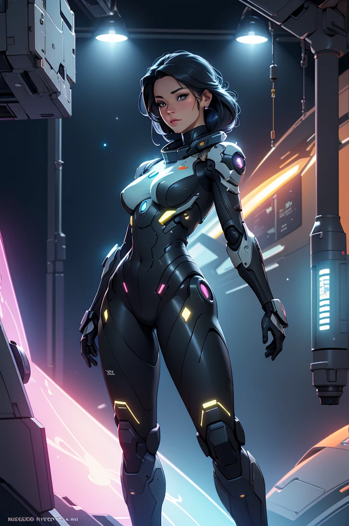 (ultra quality, 4k, 8k, high resolution, masterpiece: 1.2), ultra detailed, (realistic, photorealistic, photorealistic: 1.37) a sexy and beautiful young robot girl on a space station, 8k, ultra detailed, photorealistic, highly detailed, volumetric lighting, extremely detailed face and eyes, long eyelashes, upturned nose, full body, sexy, bare chest, intricate details, concept art, vibrant colors, cinematic lighting, spectacular lighting, science fiction, futuristic, advanced technology, elegant design, seamless integration, meticulously crafted, masterpiece
