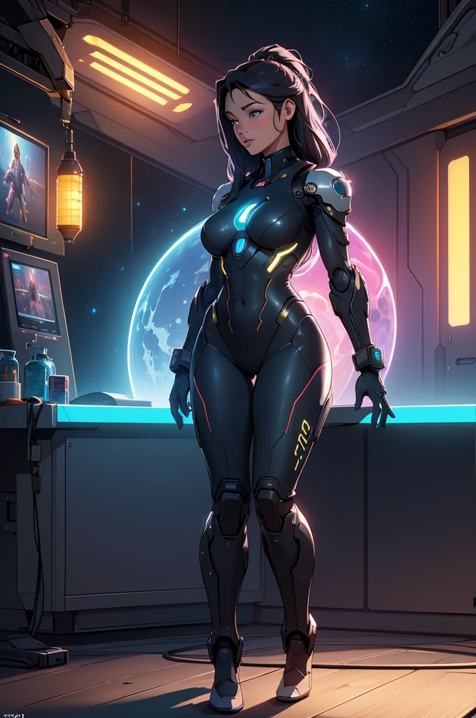 (ultra quality, 4k, 8k, high resolution, masterpiece: 1.2), ultra detailed, (realistic, photorealistic, photorealistic: 1.37) a sexy and beautiful young robot girl on a space station, 8k, ultra detailed, photorealistic, highly detailed, volumetric lighting, extremely detailed face and eyes, long eyelashes, upturned nose, full body, sexy, bare chest, intricate details, concept art, vibrant colors, cinematic lighting, spectacular lighting, science fiction, futuristic, advanced technology, elegant design, seamless integration, meticulously crafted, masterpiece
